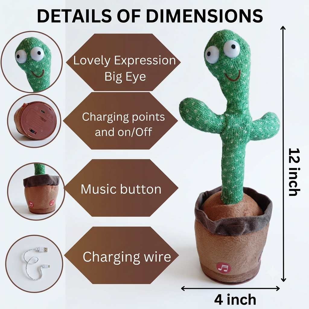 Talking & Dancing Cactus Toy | Singing, Dancing & Repeating Voice Plush Toy for Kids | Fun Interactive Cactus Toy