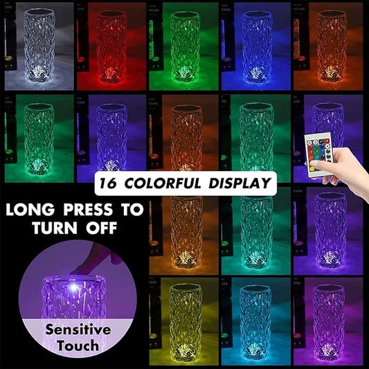 **Crystal Rose Diamond Table Lamp | 16-Color Changing Touch Night Light with Remote Control | USB Rechargeable LED Bedside Lamp for Bedroom & Home Decor**