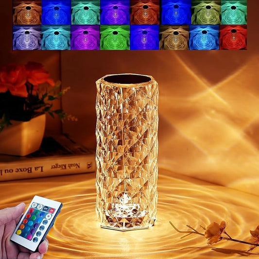 **Crystal Rose Diamond Table Lamp | 16-Color Changing Touch Night Light with Remote Control | USB Rechargeable LED Bedside Lamp for Bedroom & Home Decor**